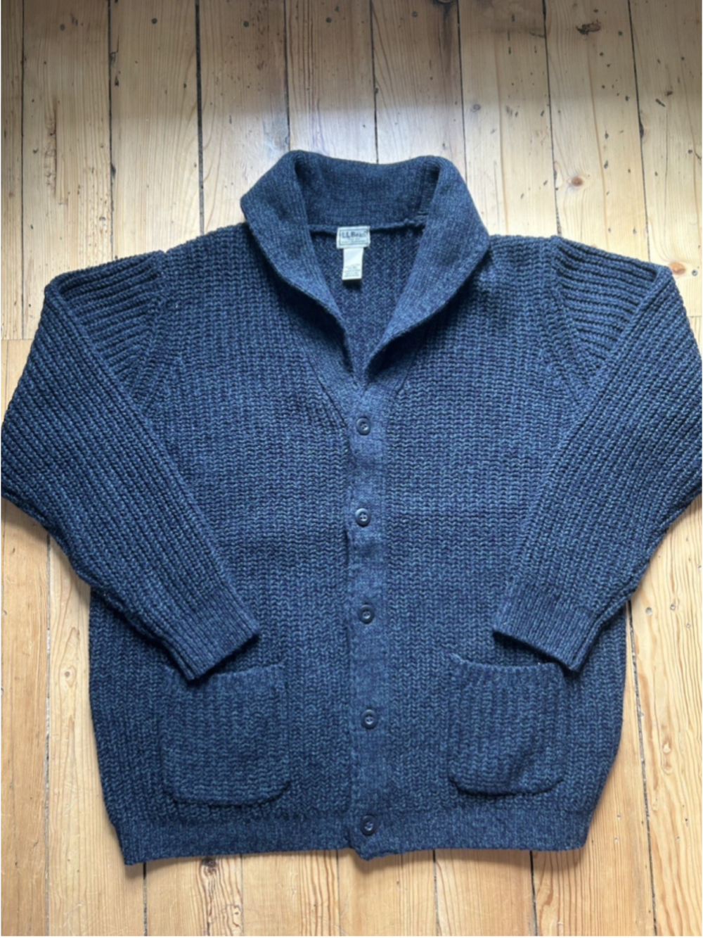 Vtg LL Bean Classic 100% Lambs Wool Shawl Collar Cardigan Sweater XL Tall Navy